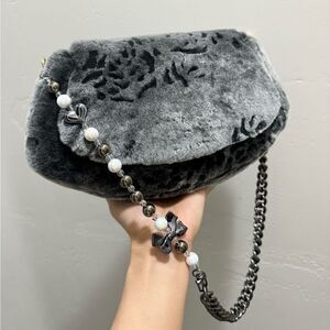Gray Gradient Handmade Real Shearling Rose Embossed Shoulder Bag/Crossbody Bag